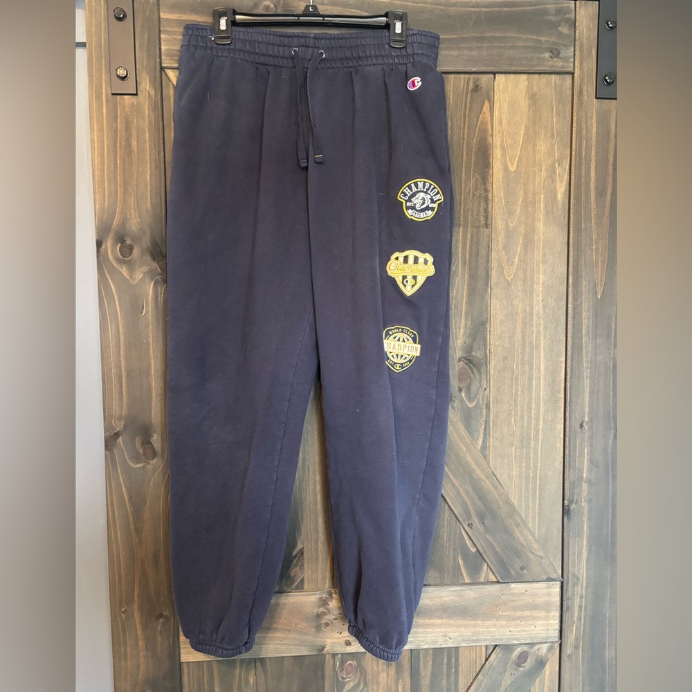 Champion Navy Joggers with Yellow Patch Accents M